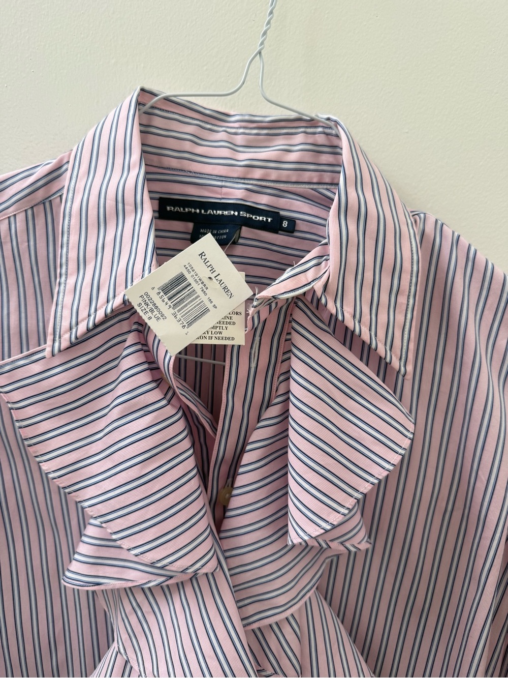 NEW! TAGS! Ralph Lauren Dress Shirt Ruffle Blouse Pink Blue White Stripe Sz 8 - Picture 2 of 5